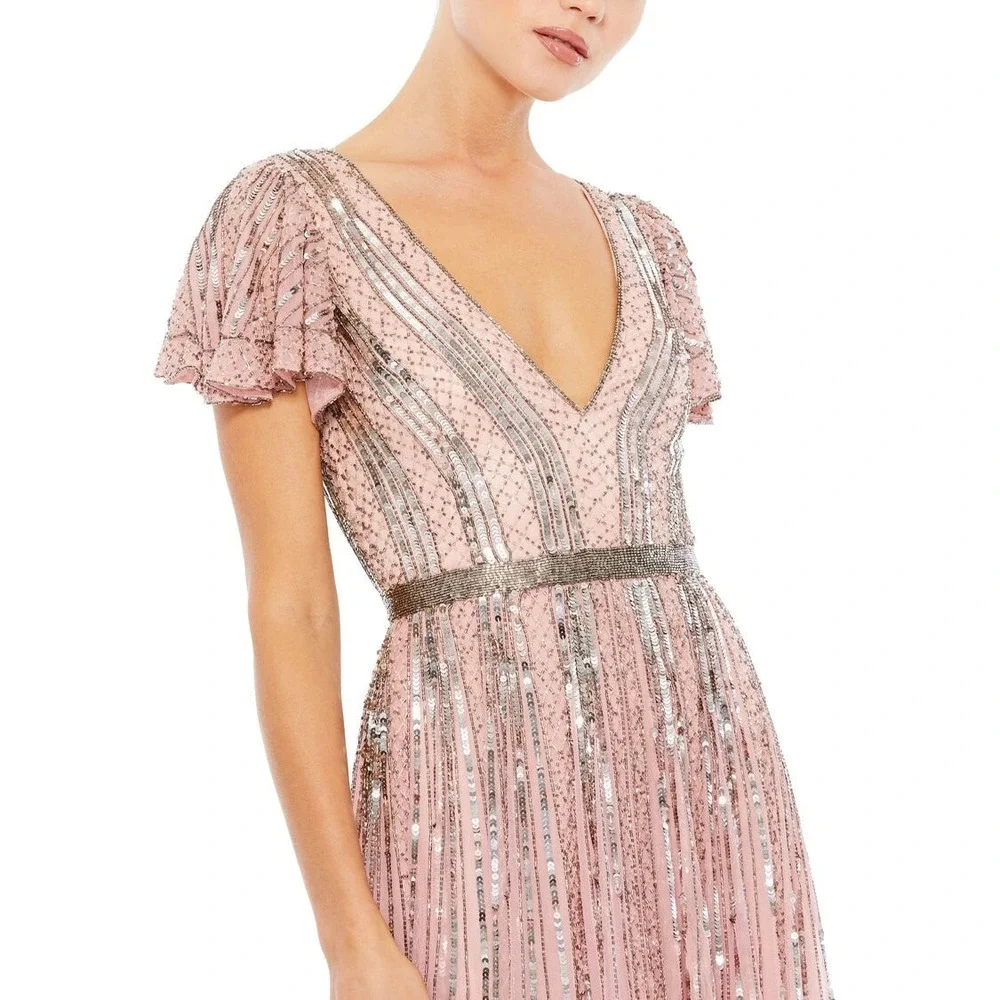 Mac Duggal 70108 Rose Pink Sequin Beaded Flutter Sleeve V-Neck Gown Dress size 4 - Picture 2 of 14